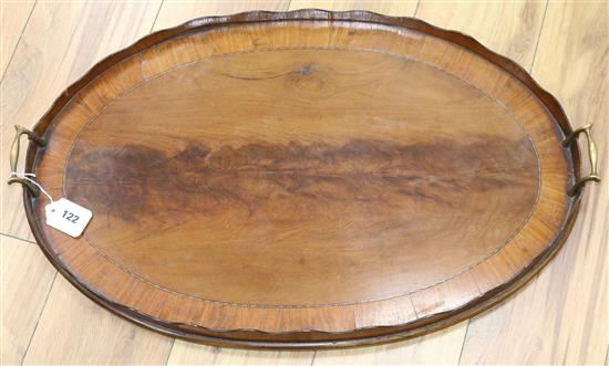 A George III satinwood banded mahogany two handled tea tray width 68cm